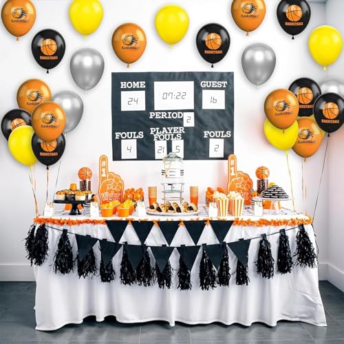 Image of Basketball Balloons, 30 Pcs 12inch Orange Black Metallic Silver and Basketball Printed Latex Balloons for Sport theme Party Boys Birthday Decorations