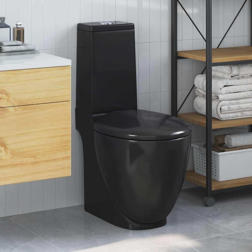 WC moderne en céramique noire - WC mural avec sortie horizontale - Abattant WC à fermeture douce et réservoir de chasse d'eau inclus