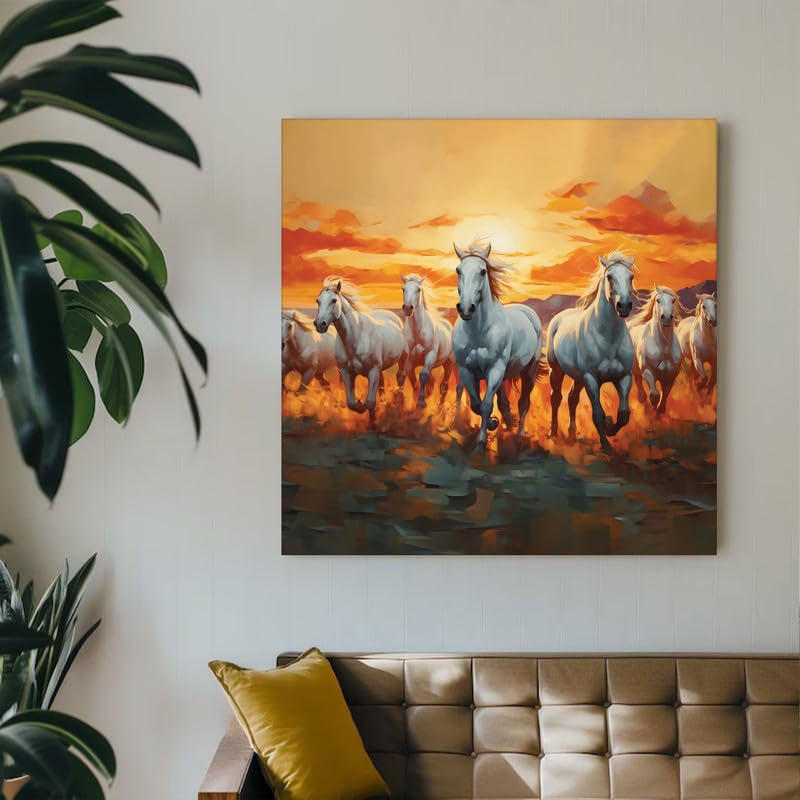 Image of PAINTINGMANTRA 7 Running Horses Vastu Stretched Canvas Painting For Living Room Seven White Horses Wall Art Painting Symbol of Success, Growth & Positive Energy Wall Art for Home & Office, 22x22 Inch