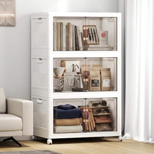 Image of Stackable Storage Bins with Lids, 330QT Lockable Storage Cabinet | Closet Organizers, Foldable Storage Box with Doors and Wheels, Plastic Drawers for Home, Garage, Office (3, White, Plus)