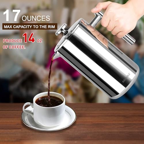 Image of Secura French Press Coffee Maker, 304 Grade Stainless Steel Insulated Coffee Press with 2 Extra Screens, 17oz (0.5 Litre), Silver