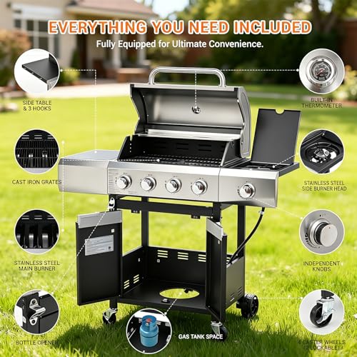 Image of EUHOME Upgraded 51,000 BTU 4-Burner Propane Gas Grill with Side Burner - Large 452 sq.in Porcelain-Enameled Cast Iron Grates, Stainless Steel Body, 4 Swivel Casters for Backyard Patio & Tailgating