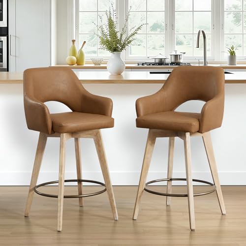 Zesthouse Swivel Bar Stools Set of 2, Wooden Counter Height Barstools with Arms & Open Back, Upholstered Brown PU Leather Counter Stools with Distressed Solid Wood Legs, High Chair for Kitchen Island