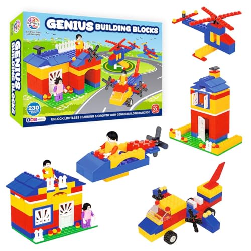 Image of RATNA'S Genius Building Blocks Set, 230 Interlocking Pieces to Make Houses, Helicopters, Boats and Vehicles, Educational Construction Blocks Creative Learning Toy for Kids 3+ Years