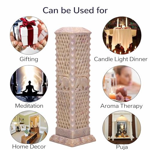 Image of Handmade Marble Soapstone Incense Stick Burner | Dhoop Batti Stand, Candle Holder, Tea Light Burner, Jaali Carving, 3 x 3 x 11 Inches