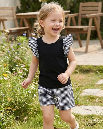 Image of Girls 2 Piece Summer Outfit Cotton Ruffle Sleeve Top Gingham Plaid Shorts Casual Clothes Short Sets Size 5-10