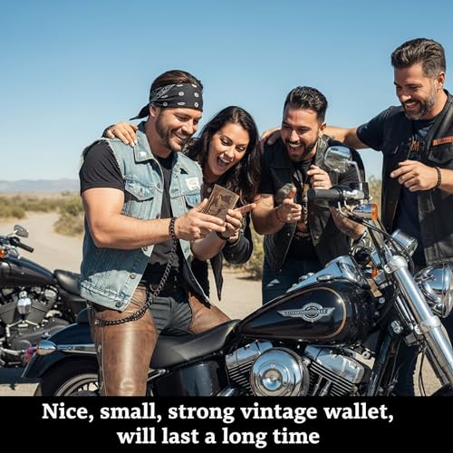 Image of F&L CLASSIC RFID Blocking Men's Tri-fold Vintage Biker Cowhide Leather Steel Chain Wallet,Snap closure, brown,skull /flag,315-103