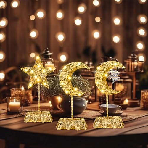 Baquler 3 Pcs LED Lighted Ramadan Moon and Star Ornament Gold Glittered Battery Operated Ramadan Decoration Table Decor for Indoor Home Bedroom Tabletop Centerpiece Holiday Party by Baquler - Image 3