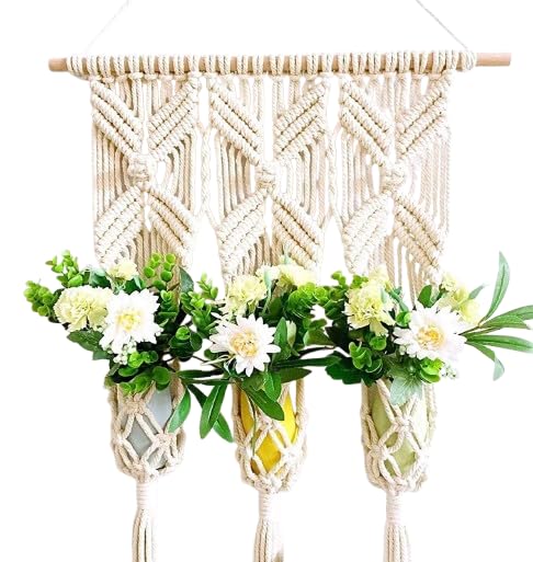 PARAH Macrame Plant Hanger Triple Hanging Planter for Home Decor | Medium Natural White Plant Hanger for Inddor Home Decoration (Pack of 3)