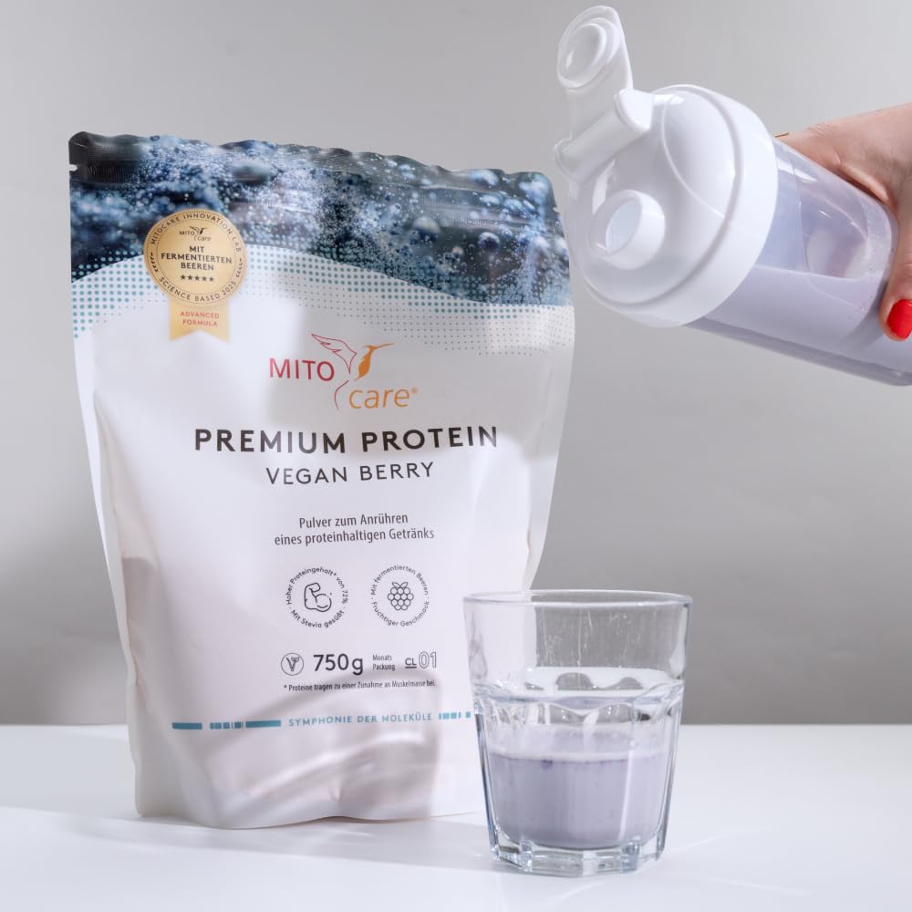 MITOcare Premium Protein Shake - Eiweiss Protein pulver mit Reisprotein & Erbsenprotein -18 g Protein pro Portion - Vegan Berry - 1 Monatspackung 750 g - vegan & Produziert in Deutschland