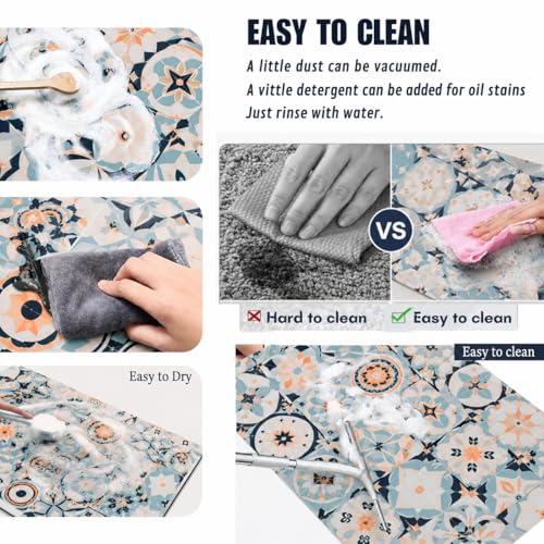 Image of VERVENIX 2 Pcs Kitchen Mat Set - Anti-Slip Waterproof Floor Mats for Kitchen, Sink & Laundry - Soft Cushioned Rugs with Vintage Tile Print Design (120x40 cm + 40x60 cm)