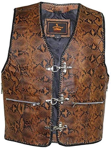Men's biker Rider motorcycle Moterbike Snake Skin looking Brown Sturdy Genuine Cowhide Leather Vest.