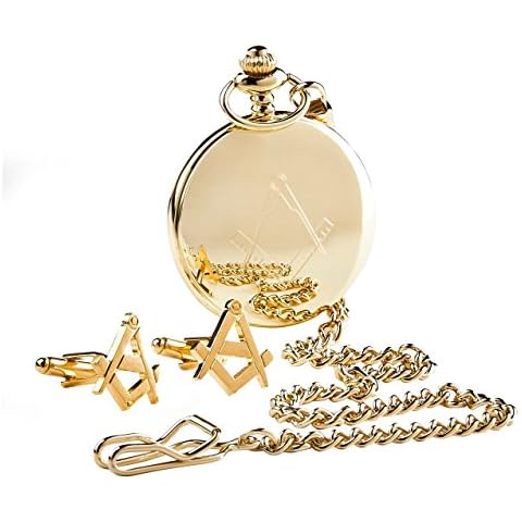 Gold Freemason Pocket Watch and Cufflinks No G Masonic Gift Set in Case Full Hunter with Wooden Box Cover