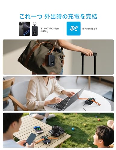 RORRY 【強化版 急速充電】モバイルバッテリー 大容量 (20000mAh PD30W) 2本ケーブル内蔵 アップルウォッチ 充電器 小型 5台同時充電 Type-C USB-A 携帯充電器 For Apple Watch Ultra2/10/9/8/iPhone 16/15/iPad/AirPods/任天堂 switch2/ノートPC対応 power bank カラビナ 防災 (ブラック) の商品画像 5