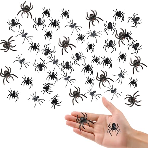 Spinnen,50 Stück Spider Modell,Halloween Deko Spinne,Plastik Spinnen Tisch Klein,Band Dekorationen für Dekorations,Gruselig Halloween-Spinne,Kunststoff