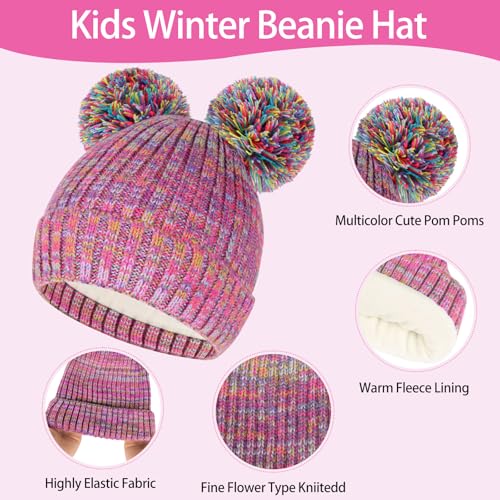 Kids Winter Beanie Hat Glove Scarf Set Toddlers Girls Winter Knit Hat with Pom Long Scarf Gloves for Kids Ages 5-124