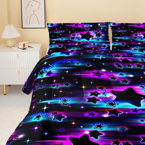 Image of QOOMO Meteor Kids Bedding Set,Colorful Stars Comforter Set Queen Size for Boys Girls Teen Room Decorat,Soft Lightweight Bed Set All Season,1 Comforter 2 Pillowcases