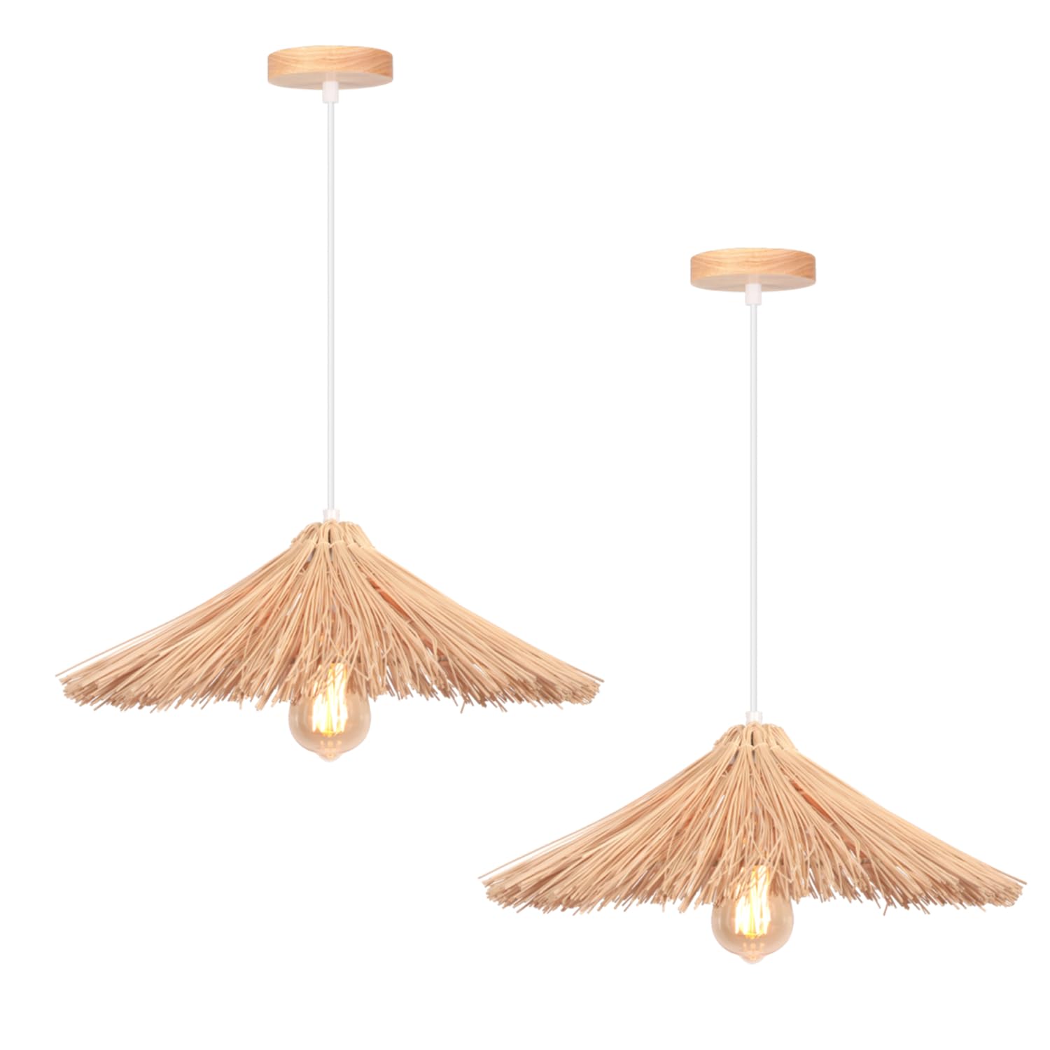 2 piezas Lámpara de Techo Colgante Bambú Natural Lámparas Colgantes Retro E27 Boho Plafón de Techo Creativa Paja Luz de Araña Decorativa para Comedor,Cocina,Salon,Cafetería,A