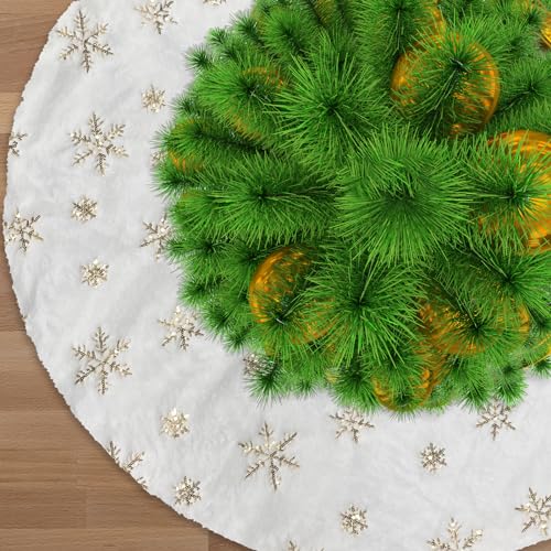 Jsdoin Falda del árbol de Navidad, 90cm Doble Capa de Felpa Blanco, Estampado de Copo de Nieve Oro para Navidad Fiesta Nuevo Casa Decoración