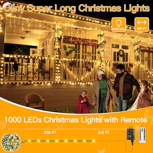 Image of Ollny Christmas Lights 1000 LED 330 FT, IP67 Waterproof Plug in Christmas Tree Lights with Remote, 8 Modes, 3 Timers, Dimmable, House Xmas Indoor Decorations String Light (Warm White)