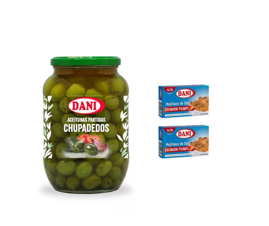 DANI Aceitunas Gourmet - Chupadedos, Aliño Casero, Olivicas y más - Sabor Tradicional 850ml + Regalos con 3 Und (3 Botes 850ml + 2 Latas Mejillones, Aceitunas partidas Chupadedos)