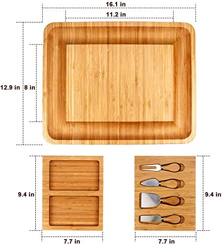 Bambus Käsebrett mit Käsewerkzeugen, Käseplatte Charcuterie-Brett-Platten-Set Serviertablett für Weincracker Brie und Fleisch, großer Dicker Holzserver, Hauswärmgeschenk für Feinschmecker – Bild 4