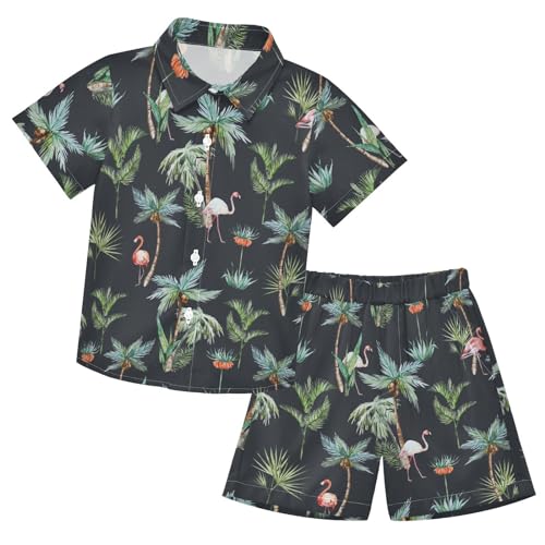 Image of Sunflower Floral Yellow Black Short Sleeve Hawaiian Button Down Shirts and Short Sets for Boys Toddler Summer Outfits