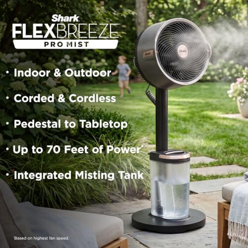 Image of Shark FlexBreeze Pro Mist 2-in-1 Fan with Integrated Mist, Charcoal, FA302 | Corded /Cordless, Pedestal to Tabletop, up to 24-Hr Battery, up to 70 Ft of Power, 5 Speeds, with Integrated Misting Tank