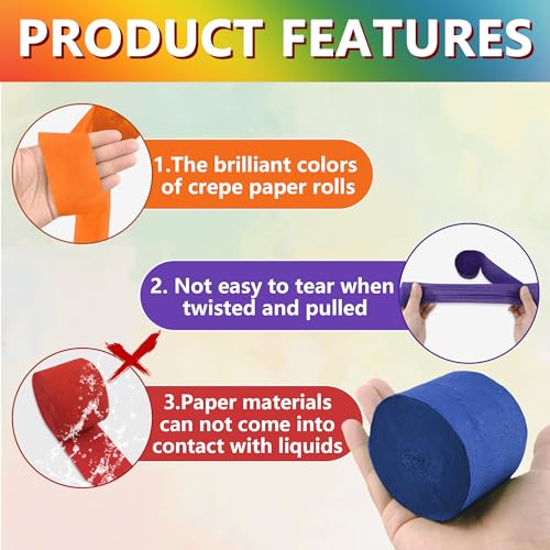 Image of Crepe Paper Streamers 6 Rolls Rainbow Streamers 2.2 Inches 738 Feet, Streamers Party Supplies for Birthday, Wedding, Baby Shower, Bachelorette Party, Graduations Decorations, DIY Crafts