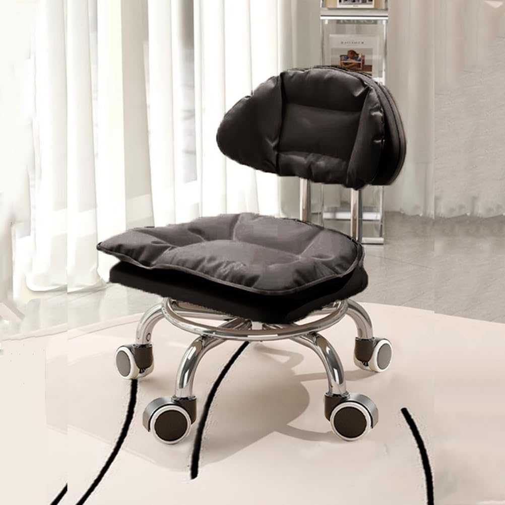 Black,C,Rolling Stool with Backrest Low Height Rolling Stool with PU Leather, Roller Stool Chair, Roller Seats for Home, Office, Garage, Shop, Library