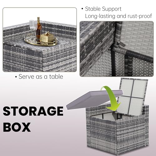 KROFEM 8 Pieces Outdoor Wicker Rattan Patio Furniture Sectional Set, Glass Top Table with Hidden Storage, 7 Sofa Sections, Oversized Cushions, Grey Color Rattan with Light Grey Cushion