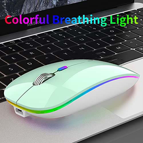 Uiosmuph Led Wireless Mouse, G12 Slim Rechargeable Wireless Silent Mouse, 2.4G Portable Usb Optical Wireless Computer Mice With Usb Receiver And Type C Adapter (Mint Green) #TOP3
