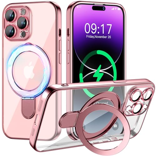 Image of Magnetic for iPhone 14 Pro Max Case with Invisible Stand[Compatible with MagSafe][Full Camera Lens Protector][Military Drop Protection] Shockproof Not Yellowing Clear Slim Soft for Women Men