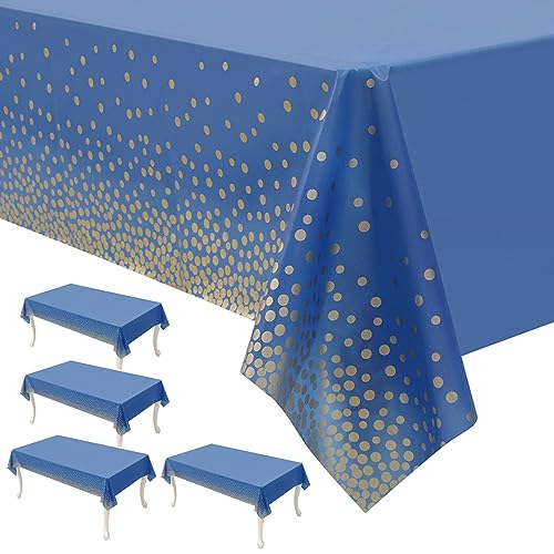 EULAPGOE 4 Piezas Mantel Azul,Mantel 137 x 274 cm Azul Oscuro Dorado Cubremesa de Plástico Manteles de Puntos Confetti Mantel Rectangular para Picnic,Jardín,Cumpleaños,Boda