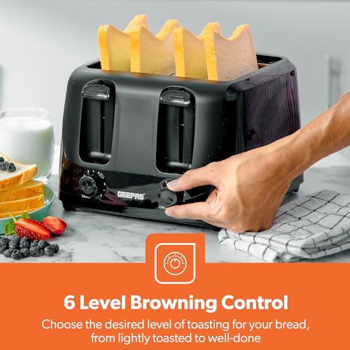 GEEPAS 4 Slice Toaster | 6 Browning Levels with Cancel Function | For Thin Small Bread Slice | 2 Independent Controls 2 Removable Crumb Trays Cool Touch High Lift | 1 Yr Warranty 1400W Black - Image 5