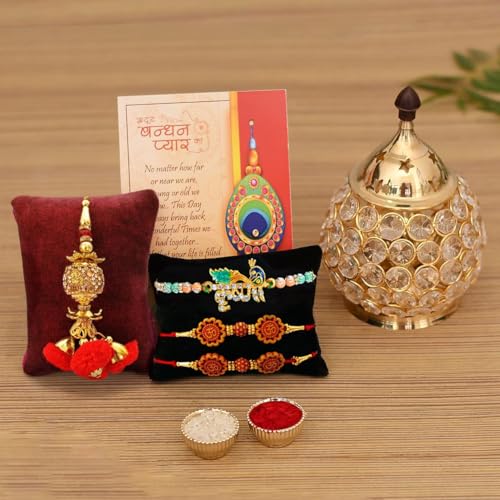 Collectible India Rakhi Gift for Brother Combo Set - Rakhi for Brother - Rakhi for Rakshabandhan Diya Gifts for Bhaiya Bhabhi- Akhand Crystal Diya Oil Lamp Krishna Rakhi Rudraksh Rakhi Lumba Rakhi
