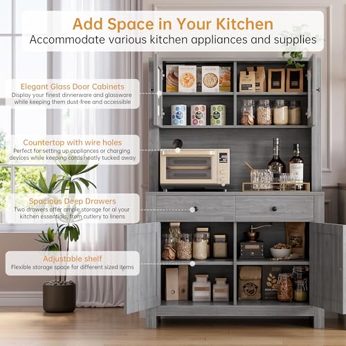 GarveeHome Farmhouse Pantry Cabinet, Kitchen Pantry Storage Cabinet with Microwave Stand, Rustic Buffet Sideboard with Sliding Door, Freestanding Cupboard with Shelves for Dining Room, Dark Grey