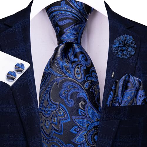 Image of Hi-Tie Men's Silk Ties Formal Woven Classic Necktie Pocket Square Cufflinks Lapel Pin Set Wedding Business