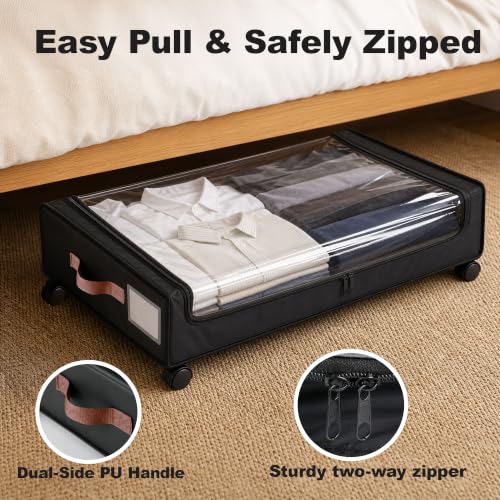 Image of Story@Home Underbed Storage Box and Organiser with Wheels | Under Bed Storage Bags with Clear Lid & Label | Rolling Under Bed Storage for Clothes, Shoes, Blankets - Black - Pack of 1