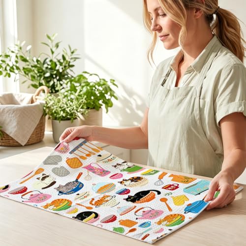 Image of Hanamiya Na Cute Cat Kitchen Towels 24x14 Inch, Cats Gifts Reusable Dish Towels for Kitchen Bathroom Decor, Waffle Weave Absorbent Hand Cloth Tea Towel, Cat Lover Gifts for Women Mom Friend