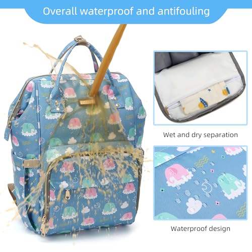 Image of Diaper Bag Backpack, Diaper Bags for Baby Girls Boys, Baby Bags for Moms Dads, Nappy Changing Bag with Insulated Pockets,Multi-functional Waterproof Backpack with Stroller straps-Deep blue elephant