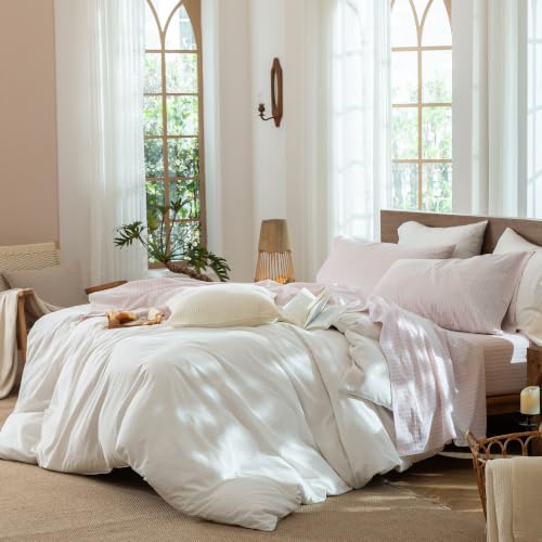 Image of MooMee Striped Sheet Set 100% Washed Cotton Linen Like King