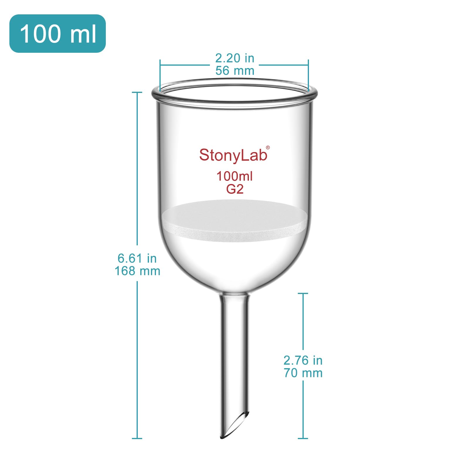 StonyLab borokrzemowy szklany lejek filtrujący ze średnim fretem (G2), średnica wewnętrzna 56 mm, głębokość 60 mm (100 ml)