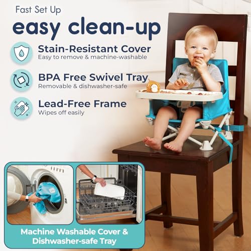 Image of Hiccapop OmniBoost Travel Booster Seat with Tray for Baby | Folding Portable Seat for Dining Table, Camping, Beach, Grandma's | Tip-Free Design Straps to Kitchen Chairs