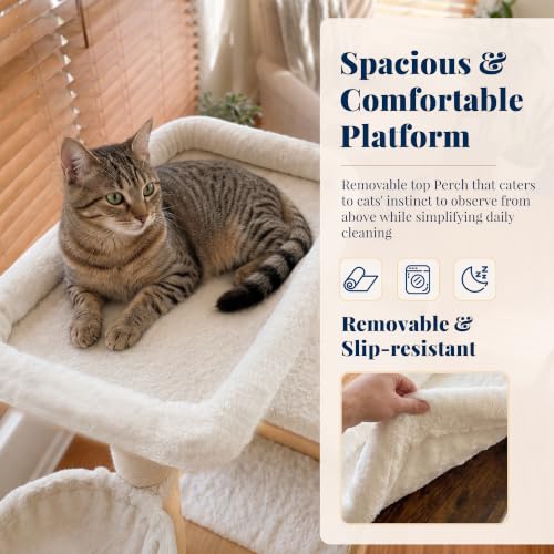 Image of Hey-brother Wooden Cat Tree Tower with Rattan Condo, Big Platform, MPJ122BT