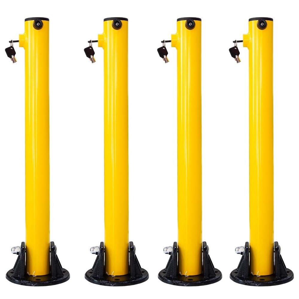 Parking Post Security Barrier - Yellow | 67CM Anti Parking Manual Lock Car Parking Bollard | Metal Fold Down Parking Post with Heavy Duty Base | Bolt Down Bollard with Key Lock - 4Pcs