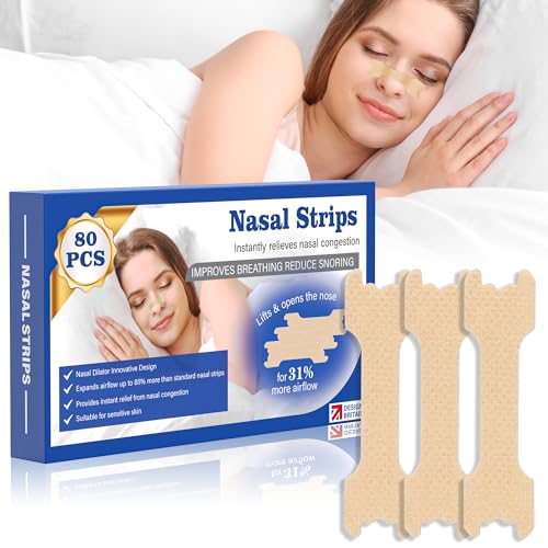 Nasal Strips-80 Pieces Nose Strips for Breathing,Sleep Aid & Snoring Relief,Physically Lifts Nose to Improve Breathing,Eases Congestion,Drug-Free Nasal Strips,Snoring Aid for Men & Women