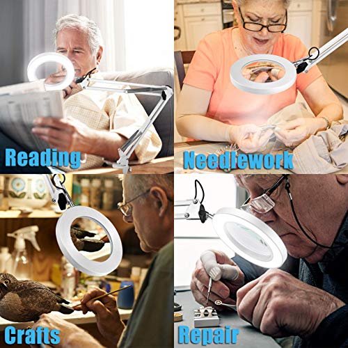 LANCOSC Magnifying Glass Desk Lamp with Clamp - White/Warm White Lighted 5-Diopter Magnifier Lens - Adjustable Metal Swivel Arm LED Light for Reading, Crafts, Professional Tasks (White) - Thumbnail 7