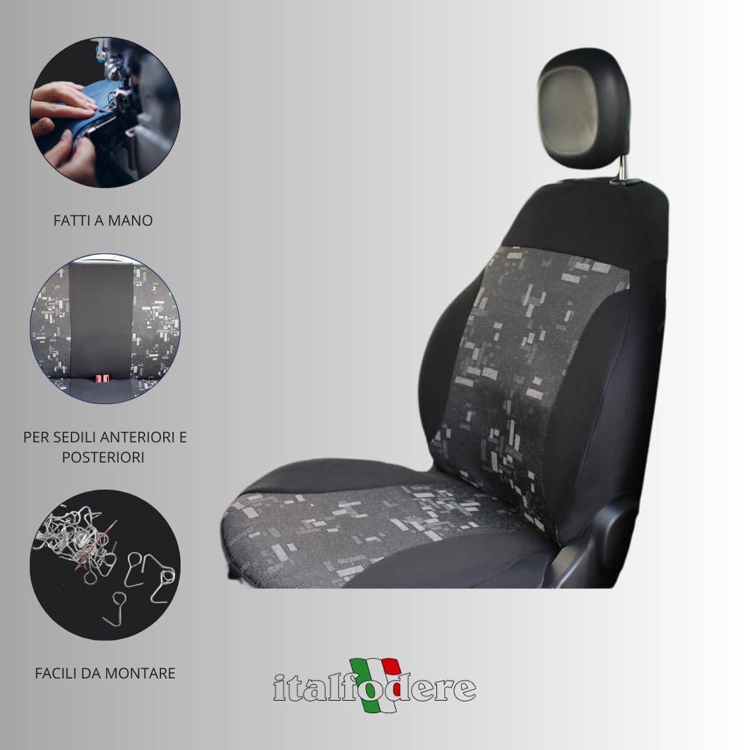 Italfodere - Coprisedili in Tessuto Compatibili con Fiat Panda 3ª Serie 2012> - Anteriori e Posteriori - Facili da Installare - Resistenti e Lavabili - Accessori Auto Interni - Made in Italy - Grigio