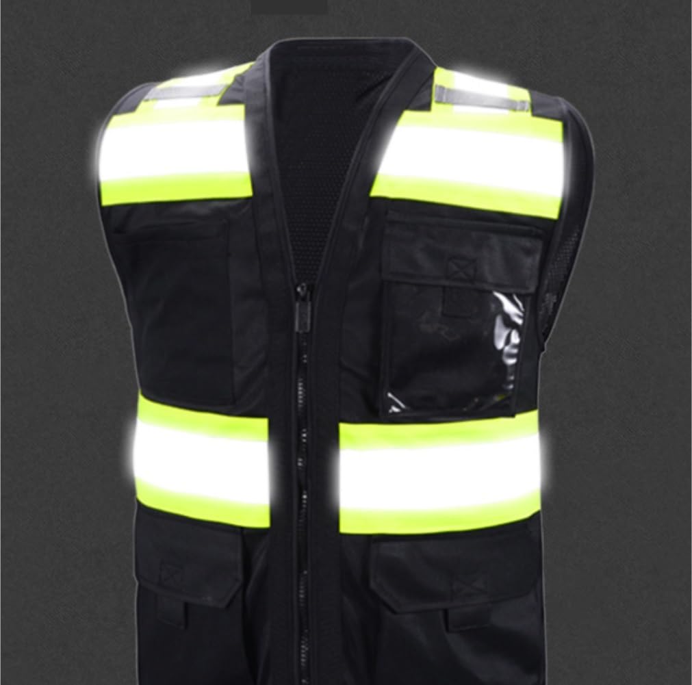 Chaleco de Trabajo de Alta Visibilidad, Chaleco Reflectante Construcción Unisex Bolsillos múltiples Negro Múltiples tamaños(XL)